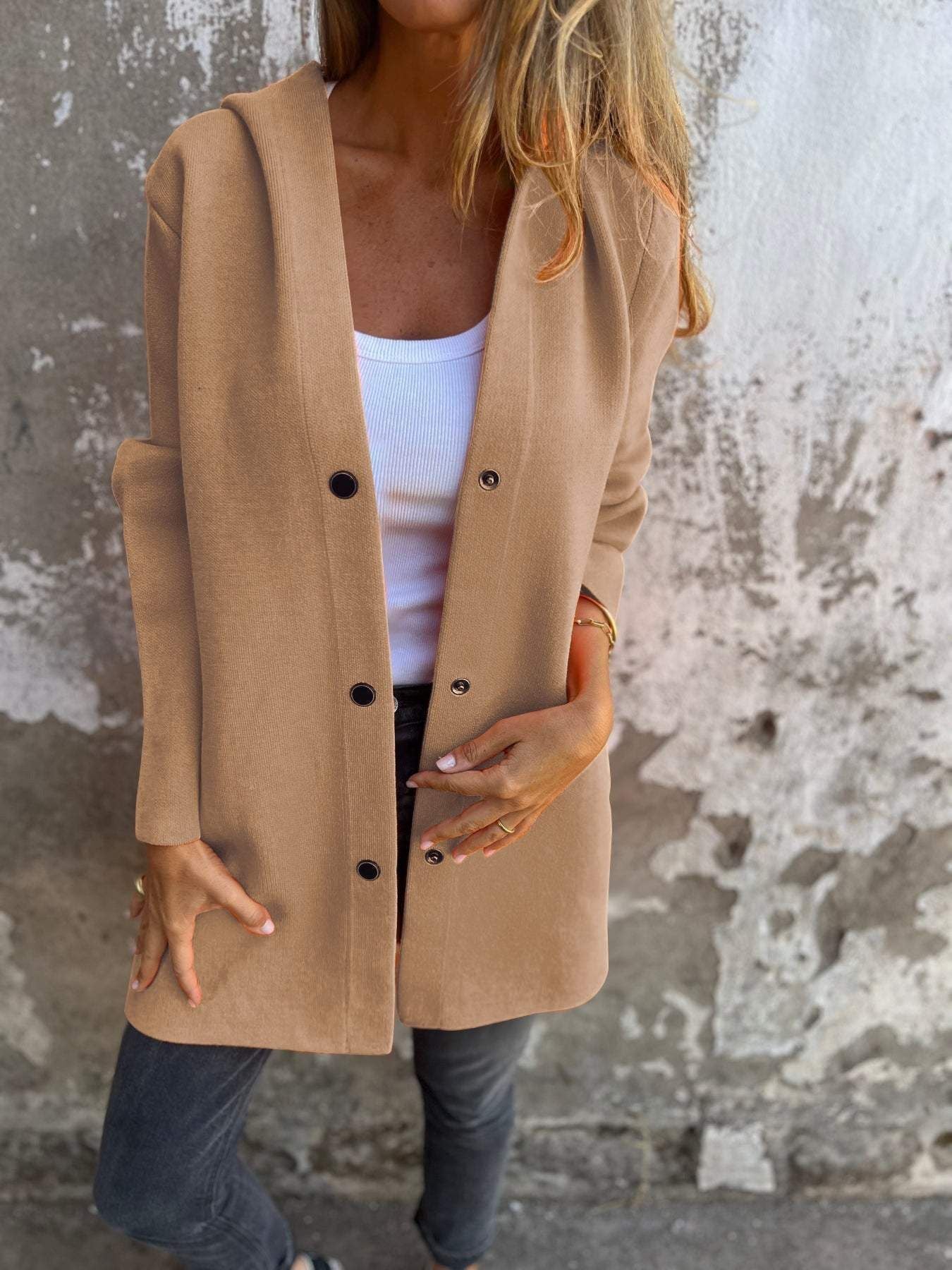 Cardigan femme à capuche, coupe loose, couleur unie, à simple boutonnage – idéal pour le printemps et l’automne