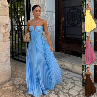 Robe de soirée pour femme, style INS, plissée, bretelles fines, taille haute et découpes