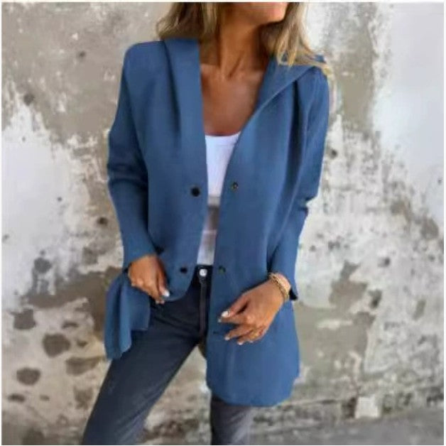 Cardigan femme à capuche, coupe loose, couleur unie, à simple boutonnage – idéal pour le printemps et l’automne