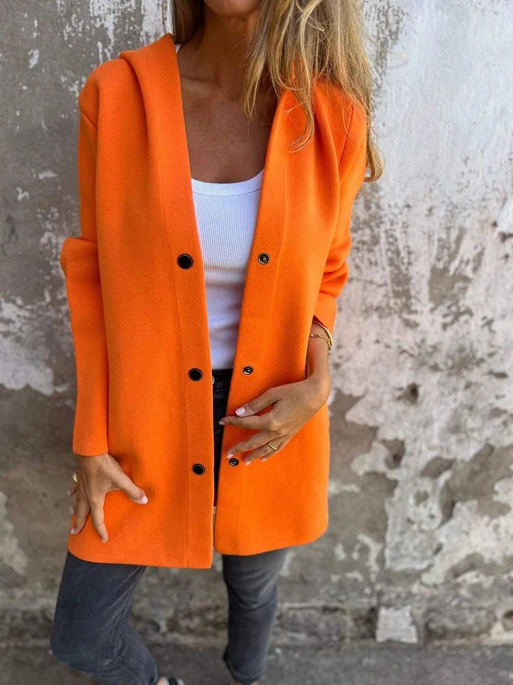 Cardigan femme à capuche, coupe loose, couleur unie, à simple boutonnage – idéal pour le printemps et l’automne