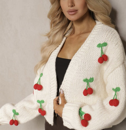 Pull cardigan élégant pour femme avec motif 3D de cerises