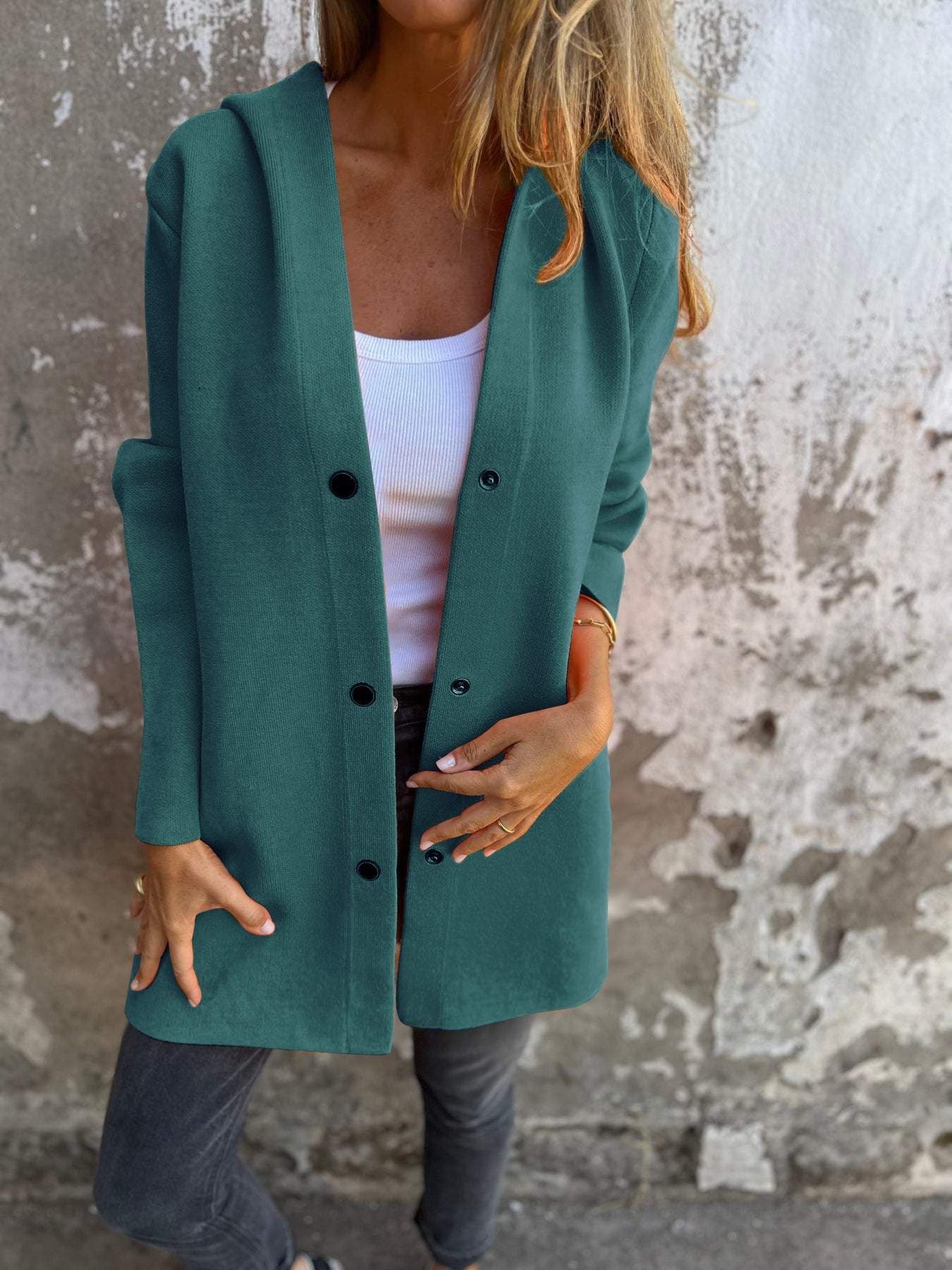 Cardigan femme à capuche, coupe loose, couleur unie, à simple boutonnage – idéal pour le printemps et l’automne