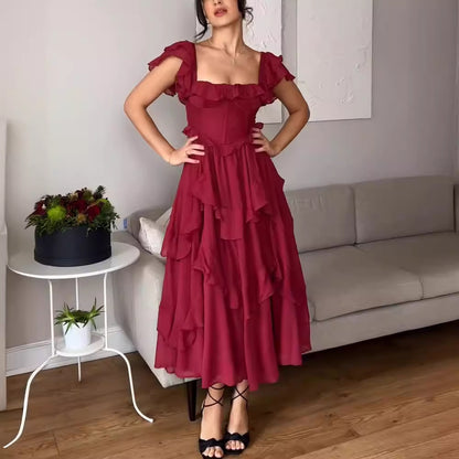 Robe estivale fashion pour femmes, manches courtes, volants, dos nu et col carré