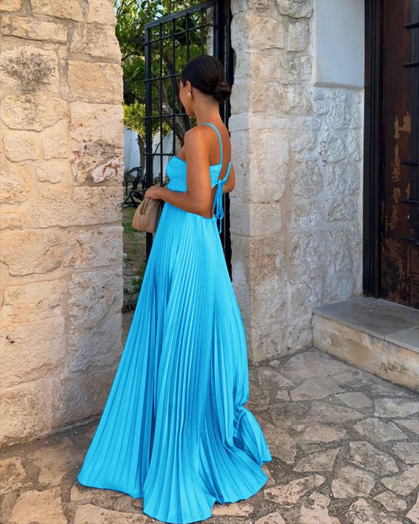 Robe de soirée pour femme, style INS, plissée, bretelles fines, taille haute et découpes