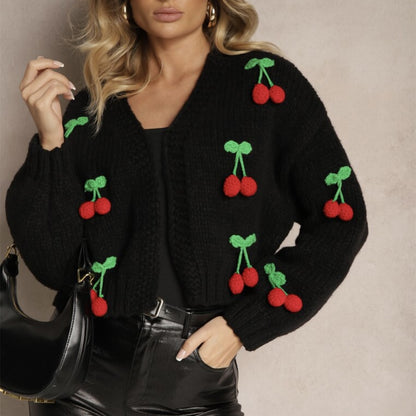 Pull cardigan élégant pour femme avec motif 3D de cerises
