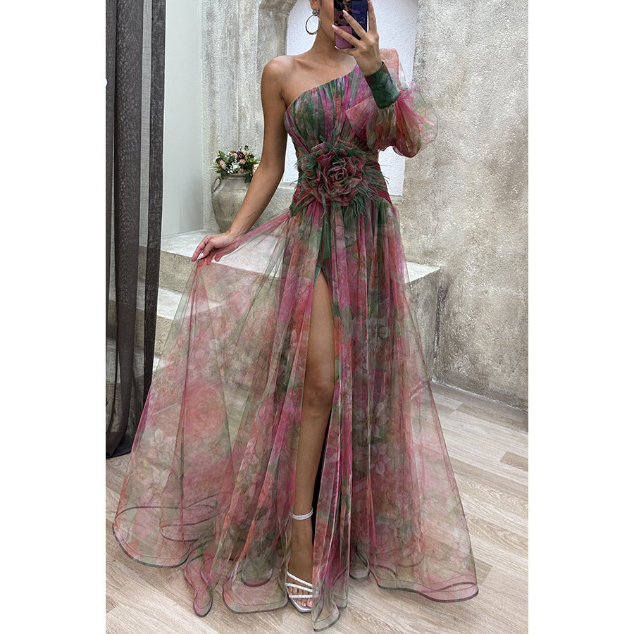 Robe estivale fashion pour femmes, mesh tie-dye, épaules dénudées, fente et style party