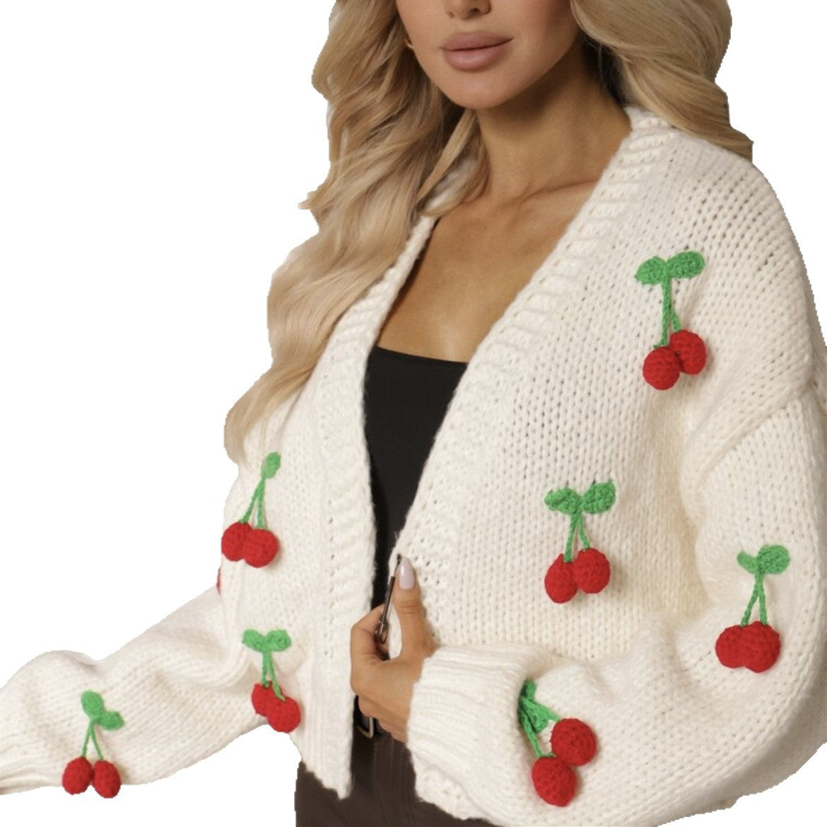 Pull cardigan élégant pour femme avec motif 3D de cerises