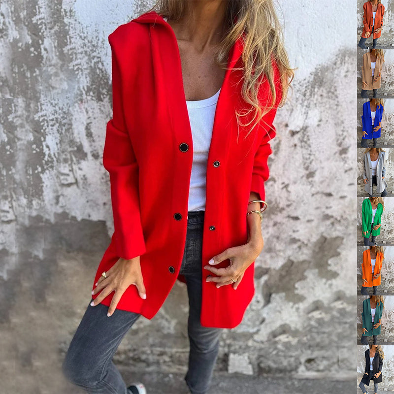 Cardigan femme à capuche, coupe loose, couleur unie, à simple boutonnage – idéal pour le printemps et l’automne