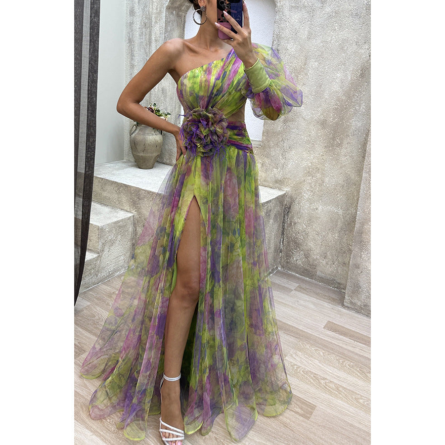 Robe estivale fashion pour femmes, mesh tie-dye, épaules dénudées, fente et style party