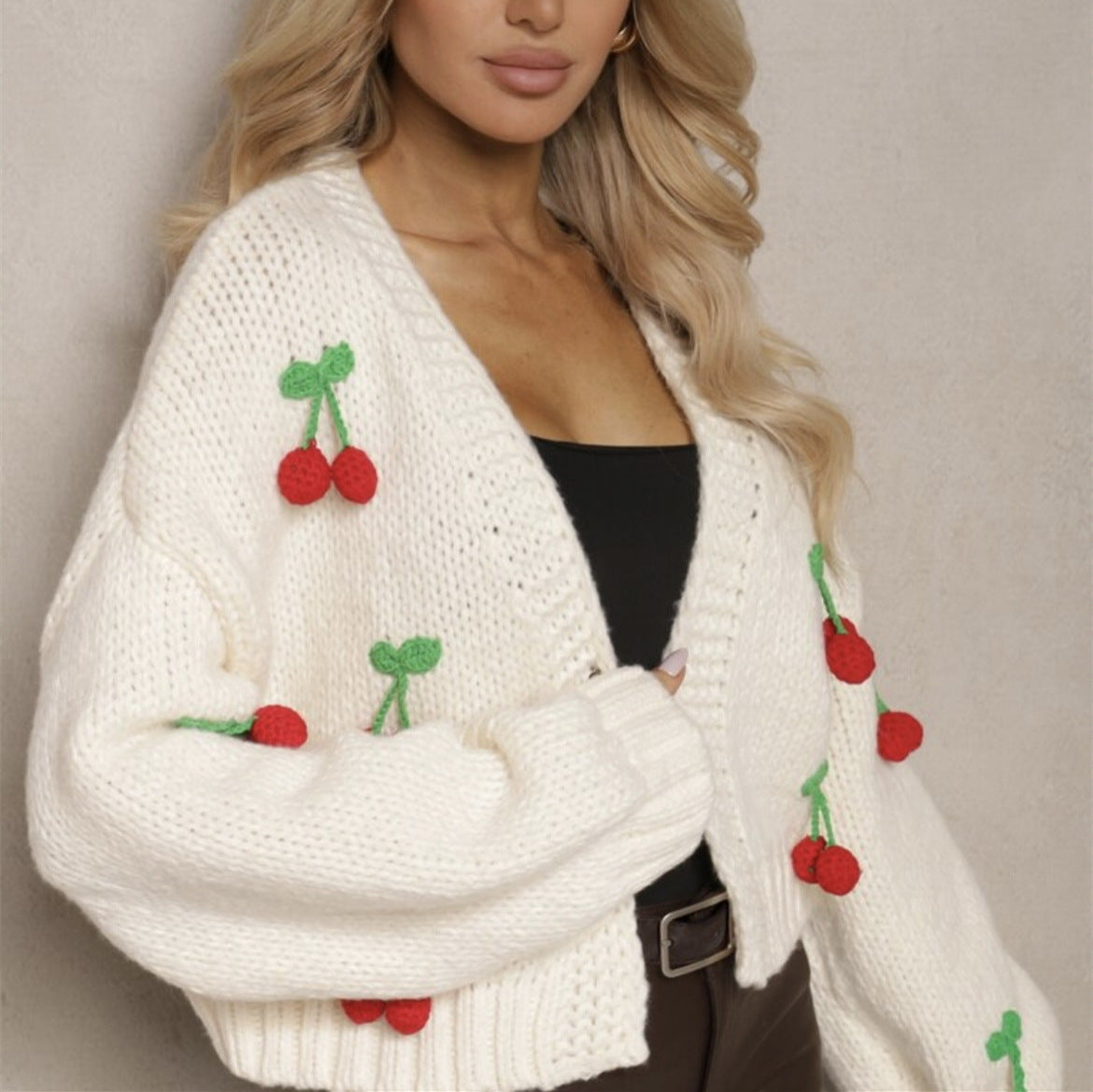 Pull cardigan élégant pour femme avec motif 3D de cerises