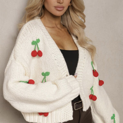 Pull cardigan élégant pour femme avec motif 3D de cerises
